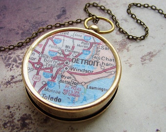 Personalized map compass necklace, Detroit Michigan Map, custom map compass, personalized gift dude men him