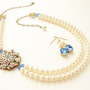 vintage crystal bridal necklace, something blue statement necklace, sugar candy pastel enamel flower brooch, bridal jewelry set image 1