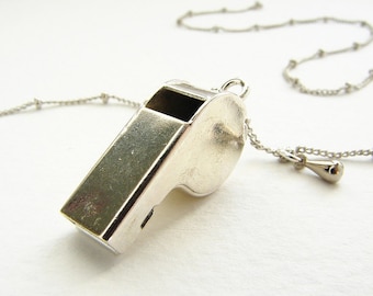 Tiny police whistle necklace, working miniature silver whistle delicate satellite chain, dog training whistle necklace