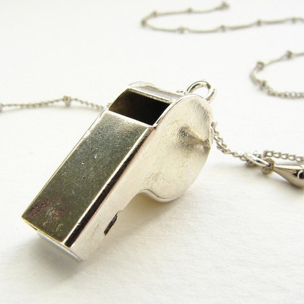 Tiny police whistle necklace, working miniature silver whistle delicate satellite chain, dog training whistle necklace