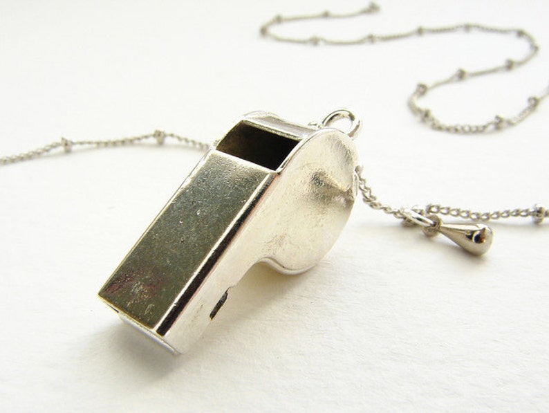 Tiny police whistle necklace, working miniature silver whistle delicate satellite chain, dog training whistle necklace image 1