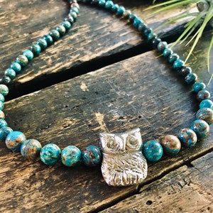 Rustic Owl necklace, earthy brown and turquoise blue jasper stones necklace, metal rustic owl necklace image 6