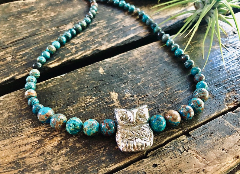 Rustic Owl necklace, earthy brown and turquoise blue jasper stones necklace, metal rustic owl necklace image 6