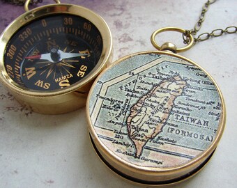 Map Compass Necklace, personalized jewelry, personalized map anniversary gift custom compass graduation gifts, vintage Taiwan Formosa Map