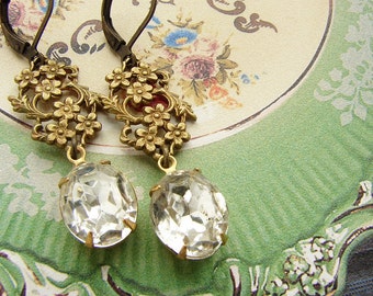 Vintage rhinestone earrings, Victorian filigree oval rhinestone earrings, bridal earrings, bridesmaid jewelry