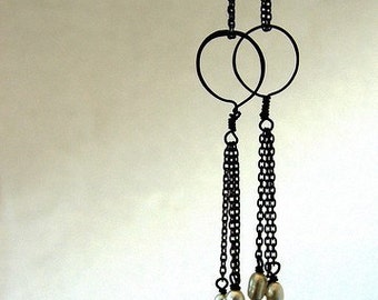 Trickling pearl drop earrings, pearl chain chandelier blackened sterling silver,  rice pearls fringe tassels earrings