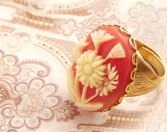 Vintage Cameo Adjustable Ring coral peach, ivory, antiqued brass adjustable ring