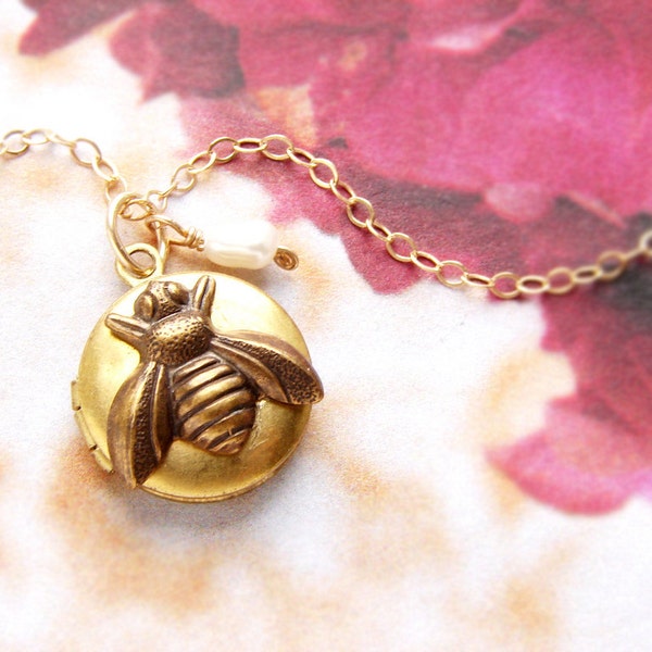 Bee locket necklace, Bridesmaid jewelry, bee charm locket, honey bee, Be Mine LOVE bug tiny gold bee locket necklace