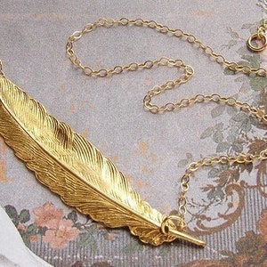 Gold feather necklace, bridesmaid jewelry, Enchanted Feather necklace 14kt gold filled chain wedding party bridesmaid gifts image 1