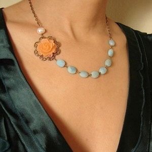 Peach Rose Aqua Mint necklace, Bridesmaid Jewelry, Wedding Necklace, Bridal Necklace, wedding party jewelry image 4