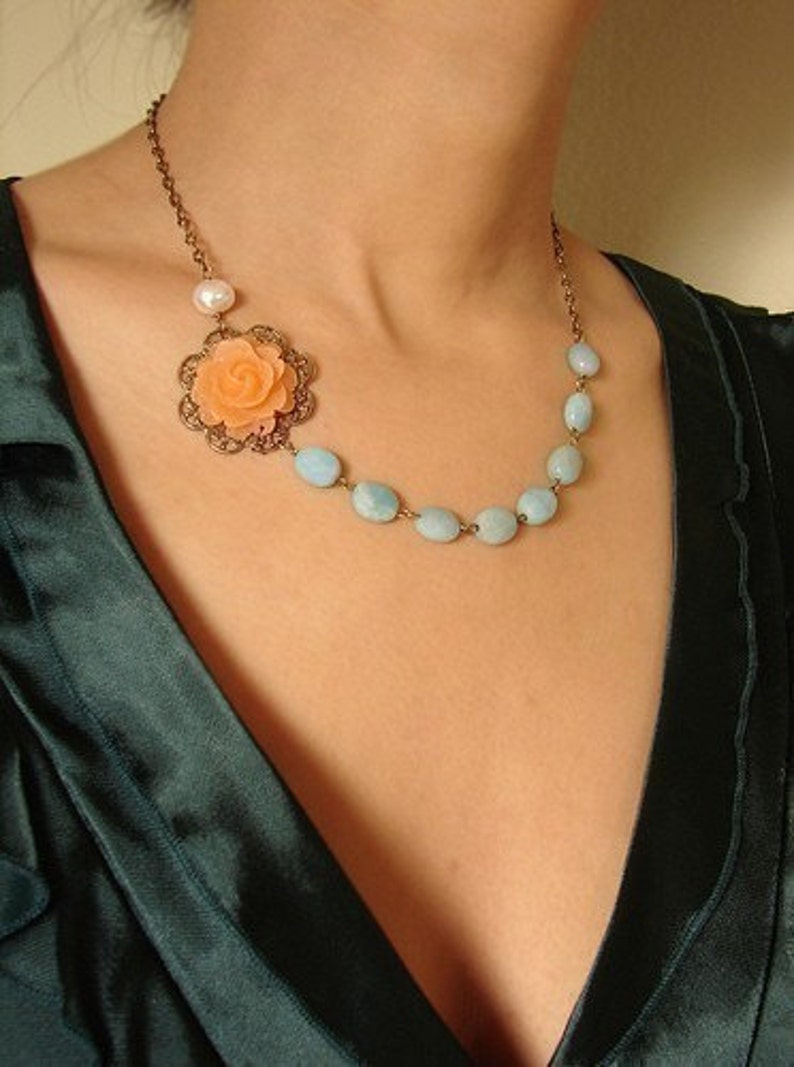 Peach Rose Aqua Mint necklace, Bridesmaid Jewelry, Wedding Necklace, Bridal Necklace, wedding party jewelry image 4