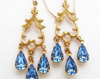 Bridal earrings, Crystal Chandelier Earrings September birthstone, vintage sapphire blue crystal teardrop, something blue bridal earrings