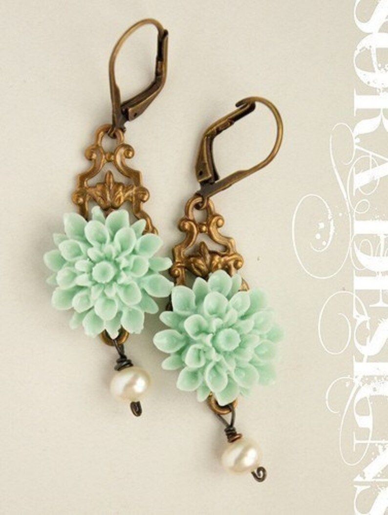 Mint Flower drop earrings, bridesmaid jewelry, drop earrings, wedding earrings, aqua seafoam dahlia flower pearls bronze filigree earrings image 2