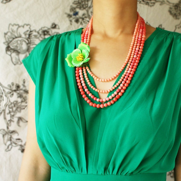 Statement necklace, pink ombre floral jewelry, OOAK vintage neon lime floral brooch real coral statement necklace