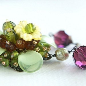 Flower Statement Necklace, purple grape ochre flower crystals pearls Flapper style long necklace image 3