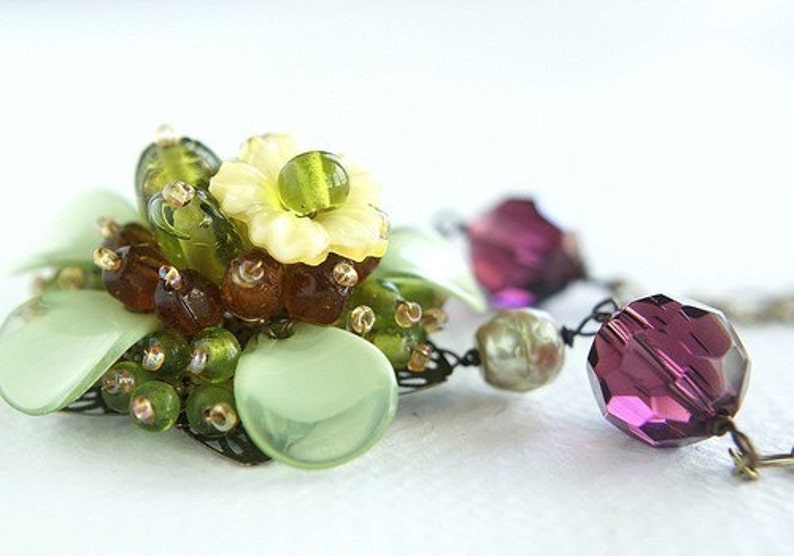 Flower Statement Necklace, purple grape ochre flower crystals pearls Flapper style long necklace image 3