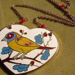 Statement necklace, Heart necklace, Vintage Enamel Song Bird Necklace, bird statement necklace, Red Heart jewelry image 3