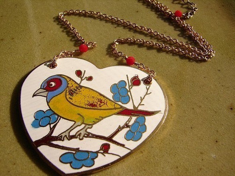 Statement necklace, Heart necklace, Vintage Enamel Song Bird Necklace, bird statement necklace, Red Heart jewelry image 3