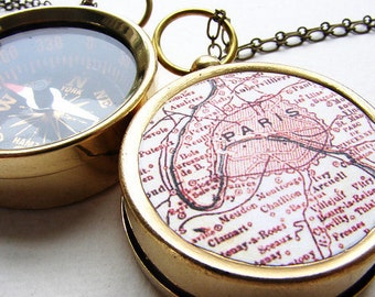 Personalized Map Compass Necklace , custom Paris Map choose your city - personalized anniversary gifts