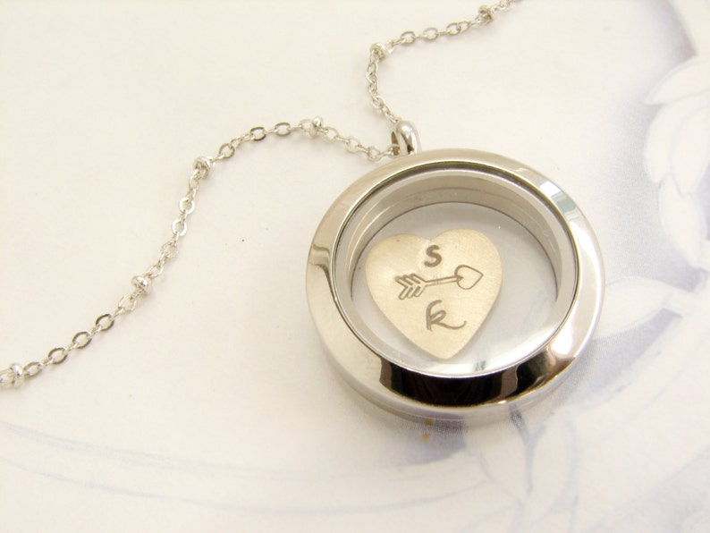 Bridal necklace, Personalized jewelry initial necklace, heart jewelry two initials, floating locket, gift for her, memory locket, for wife image 3