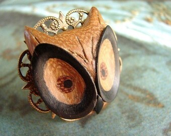 Owl Statement ring, Cocktail Ring, Wooden Owl Ring, adjustable ring, owl head unisex ring, steampunk wooden wise owl adjustable ring