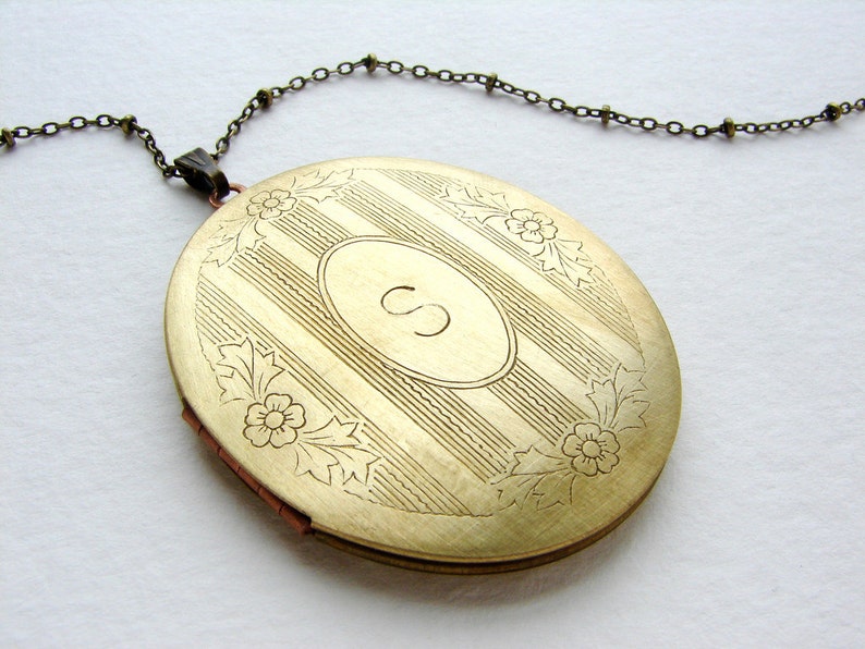 Initial necklace, vintage locket pendant, monogram pendant brass gold locket necklace bridal party wedding locket necklace image 3