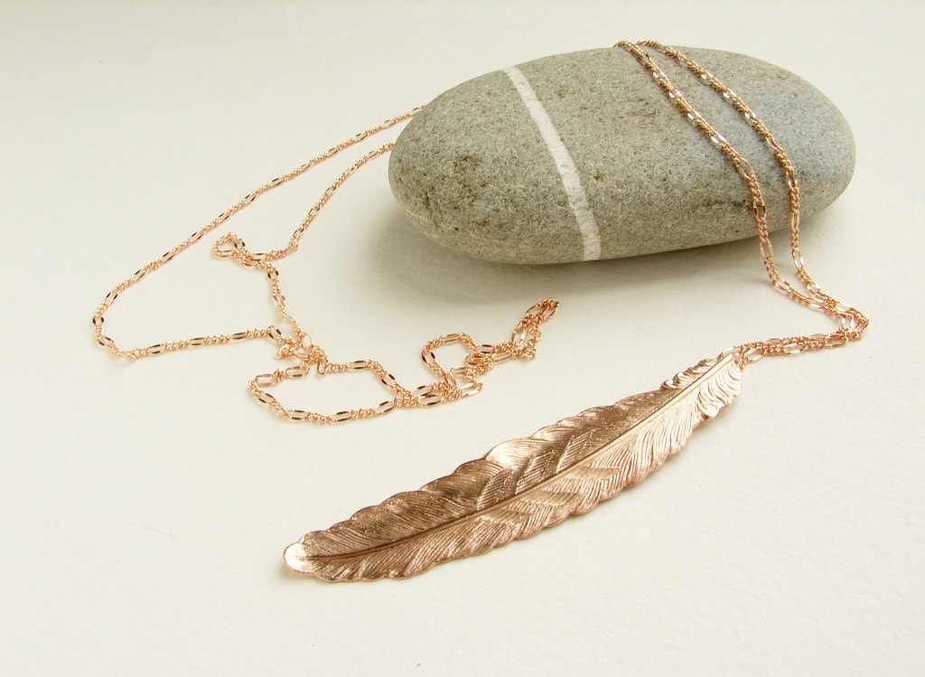 Rose Gold Feather Necklace Statement Pendant Large Pink Gold - Etsy