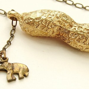 Circus Peanut Necklace, Brass jewelry life size peanut necklace in bronze and elephant charm, gold peanut necklace image 1