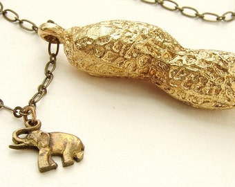 Circus Peanut Necklace, Brass jewelry life size peanut necklace in bronze and elephant charm, gold peanut necklace