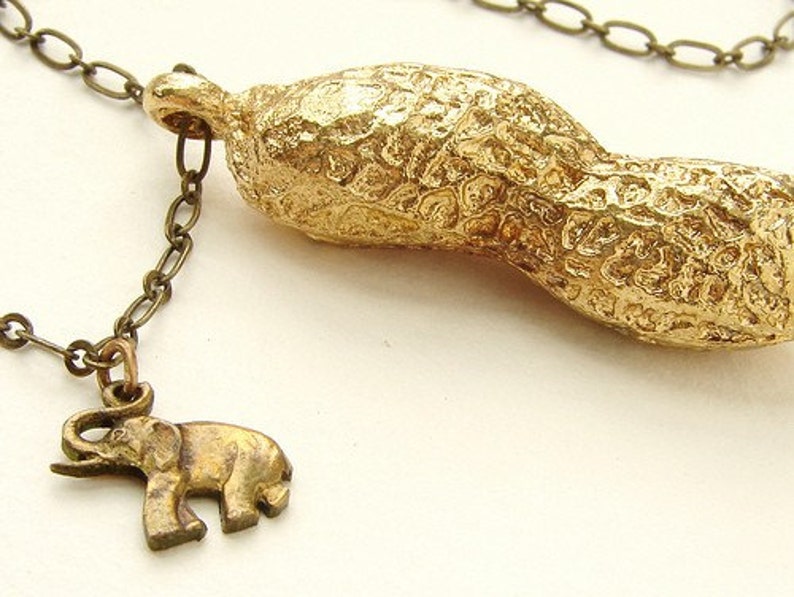 Circus Peanut Necklace, Brass jewelry life size peanut necklace in bronze and elephant charm, gold peanut necklace image 1