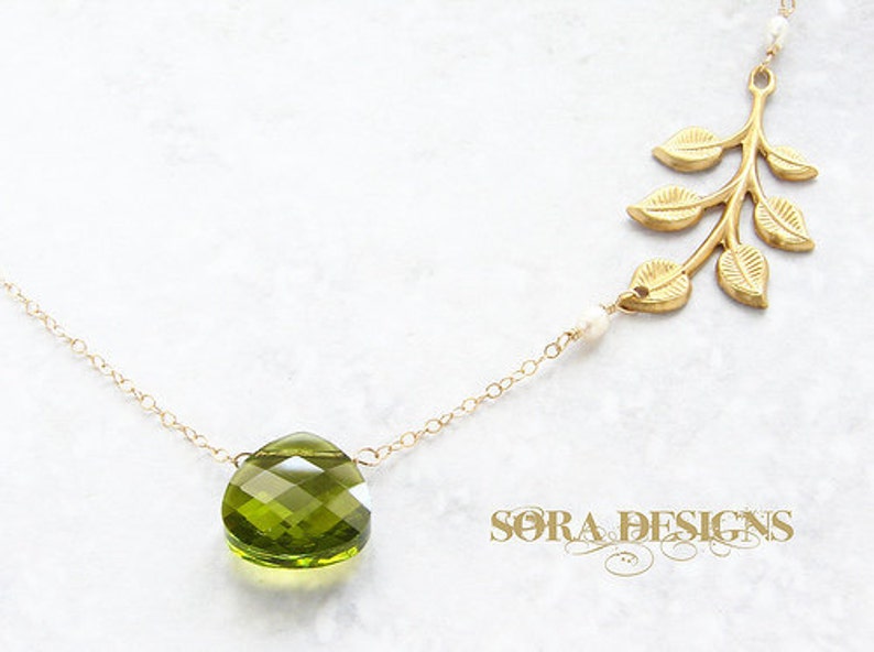 Birthstone necklace, bridesmaids jewelry, Green crystal branch necklace, olive gold leaf branch necklace, custom birthstone gift for her image 4