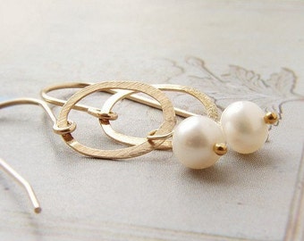 Bridal earrings, Gold circle pearl drop earrings Bridesmaid jewelry simple dainty earrings, Wedding jewelry, gold circle pearl drop earrings