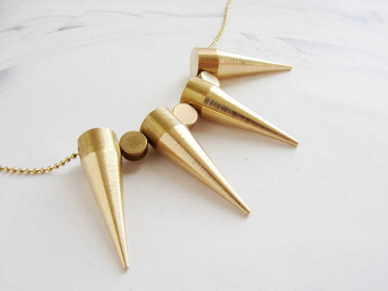 Statement necklace, Long spike statement necklace, gold spike geometric cylinder bead image 4