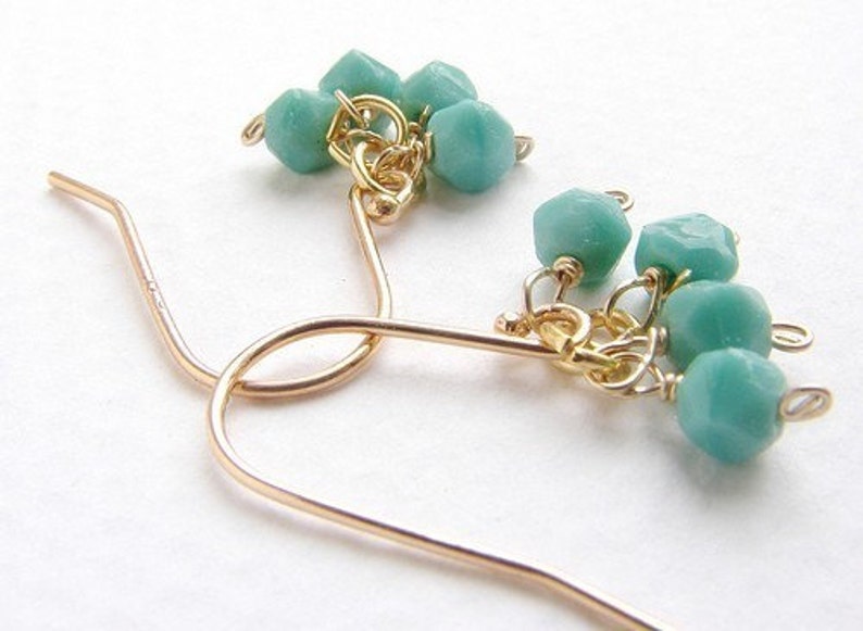 Teal clustered earrings, Vintage seafoam mint drop earrings, 14kt gold filled simple everyday drop earrings image 4