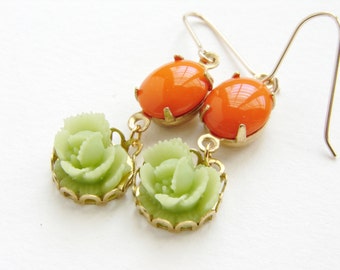 tangerine mint earrings, bridesmaid jewelry, vintage coral orange glass drop earrings Jade green rose