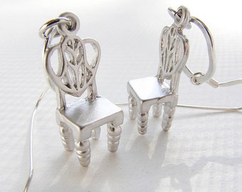 Silver Chairs drop earrings, metallic miniature chair dangle, novelty jewelry sterling silver hoops