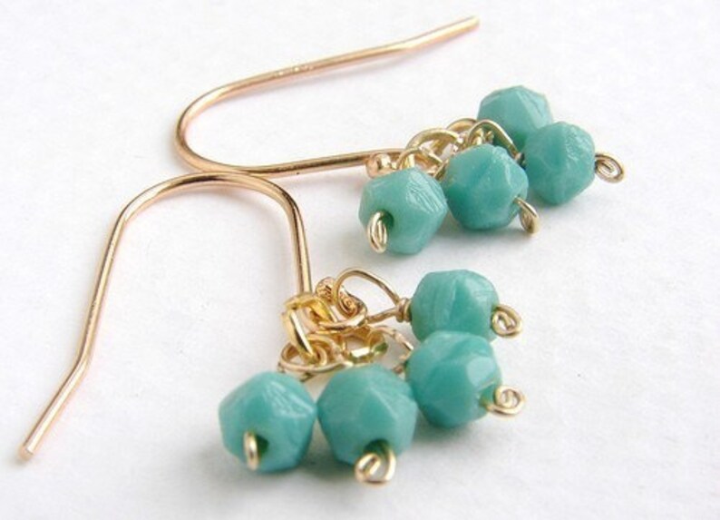 Teal clustered earrings, Vintage seafoam mint drop earrings, 14kt gold filled simple everyday drop earrings image 3