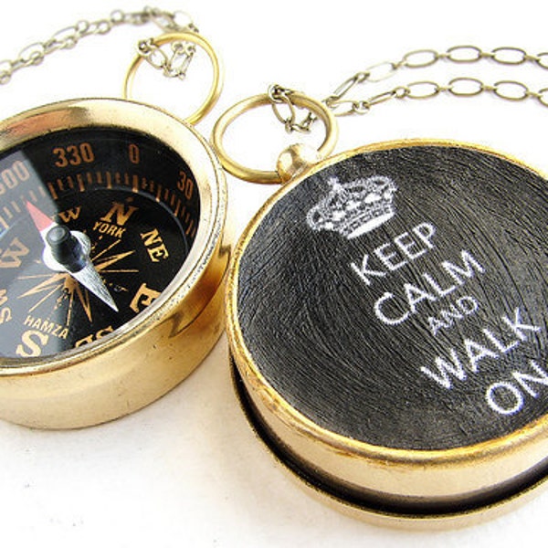 Personalized compass keychain, Keep Calm Walk On, Compass Keep Calm Carry On key chain