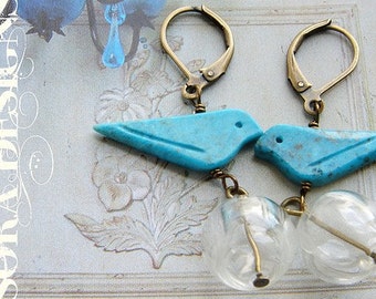 Blue Bird earrings, turquoise bird balloon drop, hollow clear glass bauble earrings, glass balloon earrings