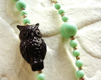 Mint brown Owl necklace, statement necklace, vintage Czech glass beads brown owl necklace mod long owl statement necklace