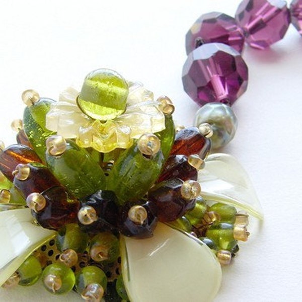 Statement necklace, plum flower statement necklace, beaded glass flower statement necklace, olivine aubergine flower