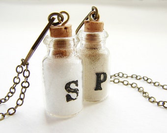 Salt necklace, salt and pepper personalized jewelry, best friend forever BFF necklace, initial spice herb bottle necklace gift for foodie