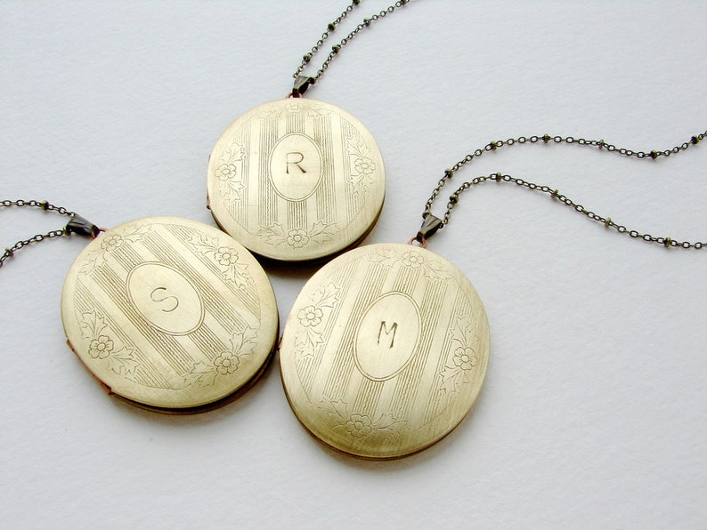 Initial necklace, vintage locket pendant, monogram pendant brass gold locket necklace bridal party wedding locket necklace image 2