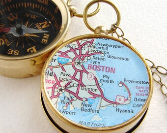 Compass Map keychain, personalized Map custom map Boston city, personalized send off farewell gifts him her men pocket chain