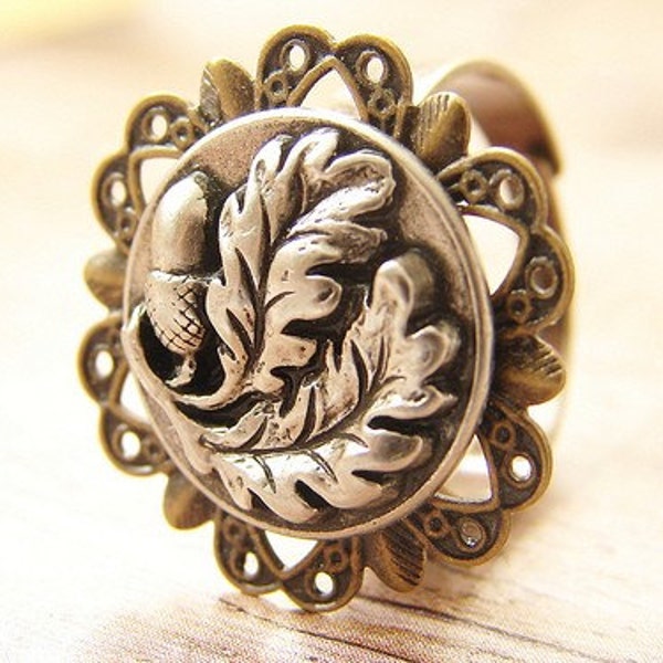 Acorn and Oak Leaf ring, adjustable oak tree acorn ring, metal ring