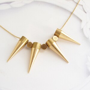 Statement necklace, Long spike statement necklace, gold spike geometric cylinder bead image 5