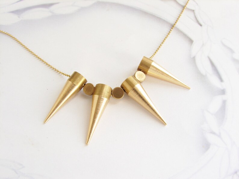 Statement necklace, Long spike statement necklace, gold spike geometric cylinder bead image 5