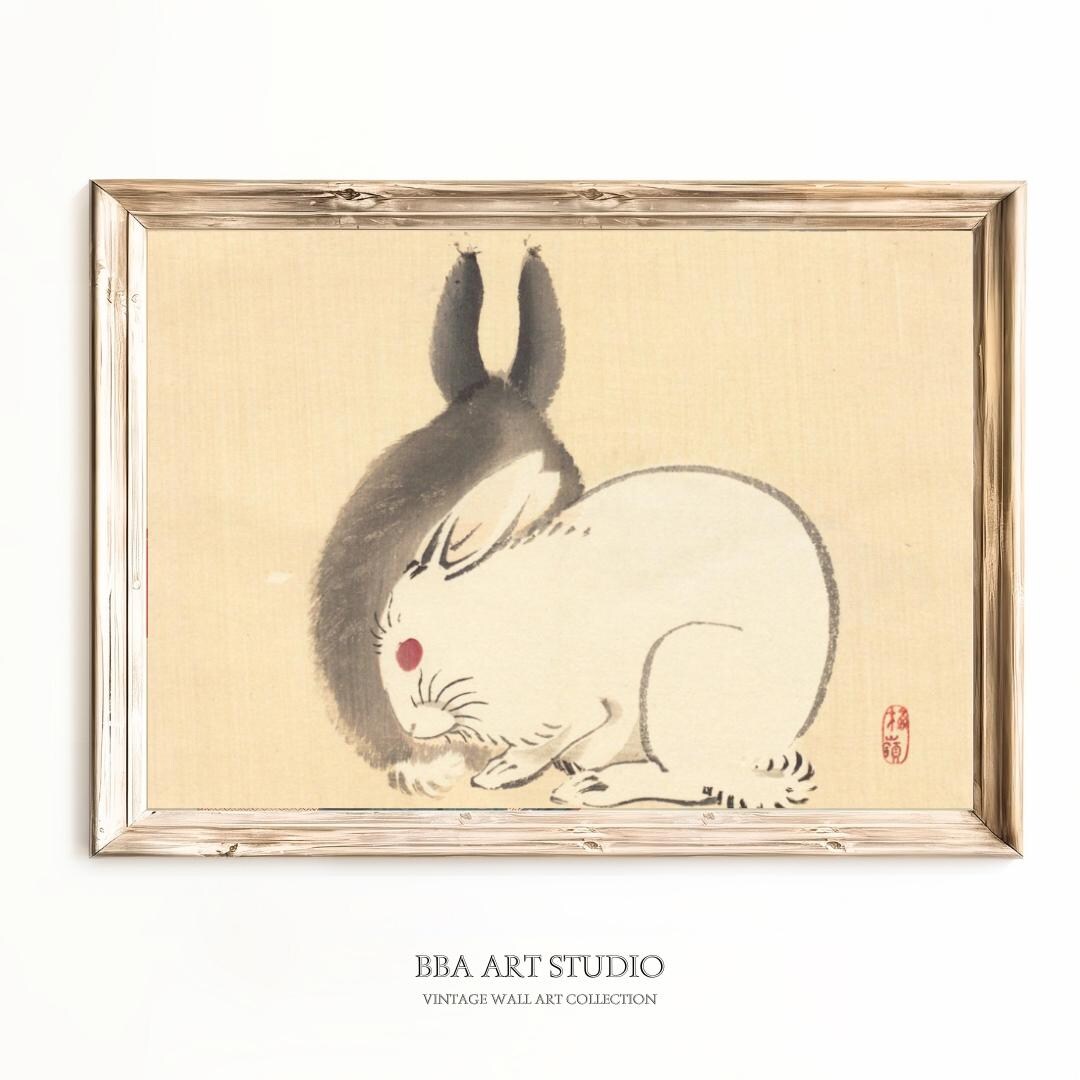 Vintage Japanese Rabbit Painting Printable | Minimalist Animal Wall Art ...
