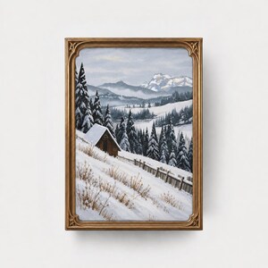 Winter Landscape Wall Art, Snowy Mountain Cabin Print, Vintage Winter Forest Painting, Rustic Alpine Scenery, Printable Digital Download