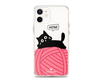 Cat Lover Pink Yarn Meow Clear Case for iPhone | Gift for her | Cat Lover Samsung Phone case | Samsung Galaxy Clear Transparent Case
